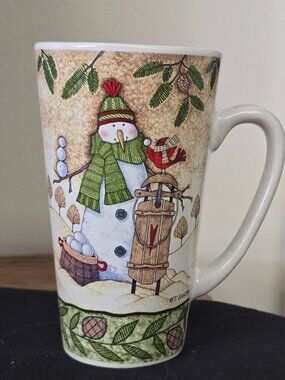 Snowman & Cardinal Winter Mug By T. Santry 16 Oz Ceramic Pinecone & Sled Design